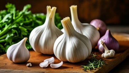 Sticker -  Fresh garlic bulbs and herbs ready for culinary magic