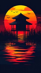 Canvas Print - Silhouetted pagoda against a fiery sunset