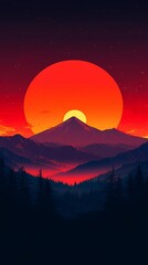 Canvas Print - A large orange sun sets over a mountain range.