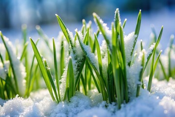 Grass covered with a layer of snow in May