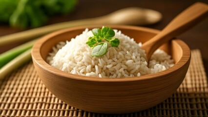 Poster -  Deliciously simple  A bowl of steamed rice garnished with a fresh cilantro leaf