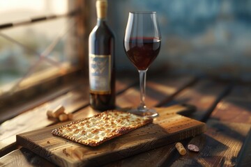 A bottle of wine and a piece of bread set out on a table