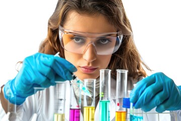 Poster - a woman in a lab coat and goggles holding a test tube for an experiment