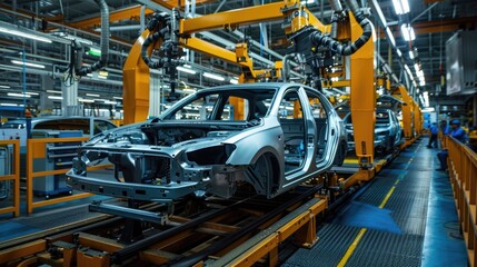 Poster - Cars being manufactured on an industrial production line with machinery and workers