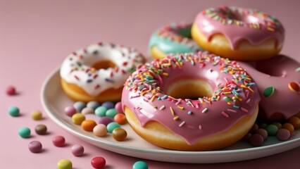 Poster -  Sweet indulgence  A plate of colorful sprinkled donuts