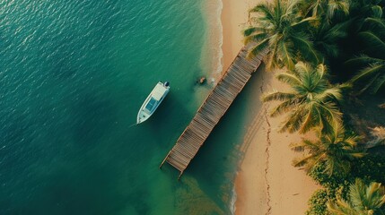 Sticker - Aerial View of a Boat Moored Near a Wooden Pier on a Tropical Beach