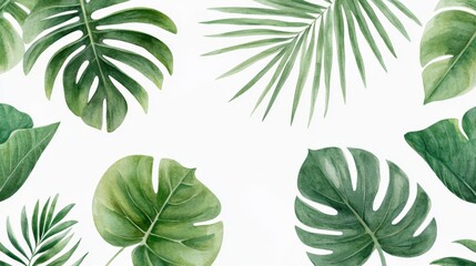 Tropical Greenery Watercolor Pattern, hand-painted seamless design featuring lush monstera, banana, and palm leaves on a clean white backdrop, ideal for textiles and decor.