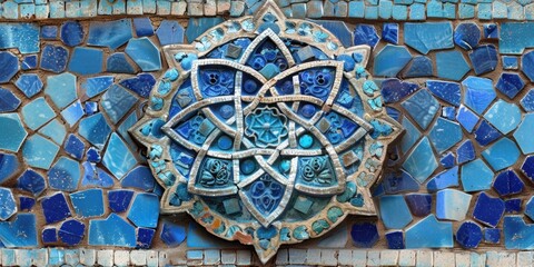 Poster - mosaic wall with decorative design in shades of blue and white
