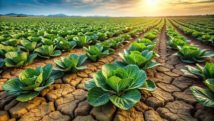 Green fresh cabbage field with dried out soil