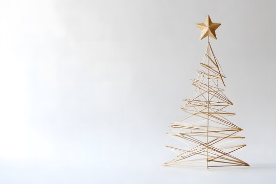 A minimalist Christmas tree made of thin geometric lines with one or two stars as decorations, set on a pure white background