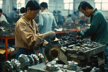 Poster - Group of people working on assembly line, manufacturing products,