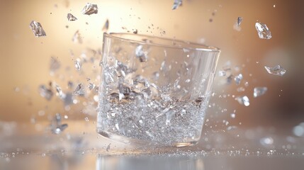 Close-up of a glass container mid-air, about to hit the ground, with small glass fragments scattered, soft focus background