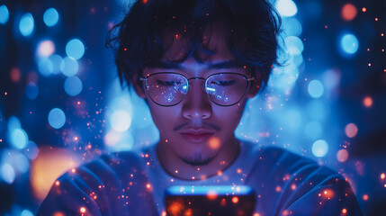 Poster - A man is looking at a cell phone in a blurry, colorful background