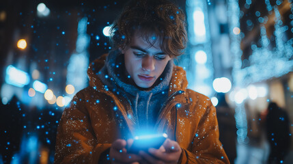 Poster - A young man is looking at his cell phone in the dark