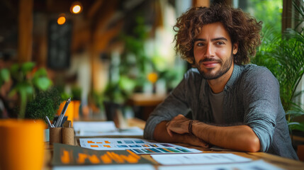 Poster - A man with curly hair is sitting at a table with a stack of papers and a cup
