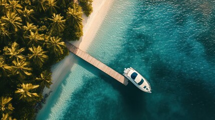 Canvas Print - Aerial View of a Yacht Docked at a Tropical Island