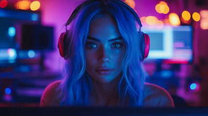 Poster - A woman with blue hair and headphones is looking at a computer screen