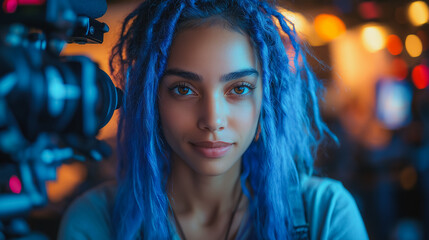 Poster - A woman with blue hair is smiling at the camera