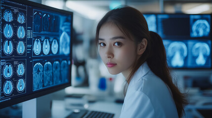 Poster - A woman is looking at a computer monitor with a lot of images on it