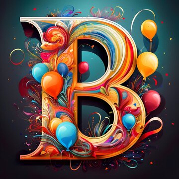 The letter B is decorated with colorful balloons and has a whimsical