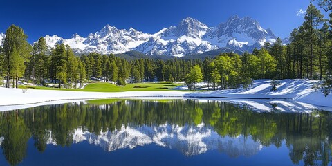 Canvas Print - Serene mountain lake with snow-capped peaks reflecting in the water.