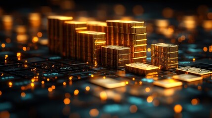 Poster - Glowing neon green growth chart over gold bars and floating money, abstract 3D shapes in a high-res rendering, isolated on white