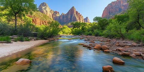 Canvas Print - A scenic river flows through a lush canyon.