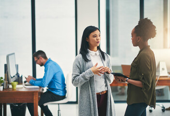 Poster - Business people, advice and women with tablet, internet and planning with feedback, network and connection. Employees, collaboration or consulting agency with tech, digital app or ideas for project