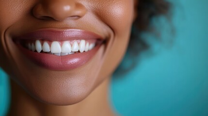 A close-up image capturing the joyous smile of a woman, highlighting her bright and shiny white teeth framed with smooth, healthy skin, set against a teal background.