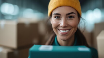 A woman in a yellow wool hat and work attire holds a green package, standing confidently among numerous brown shipping boxes in a bustling warehouse.