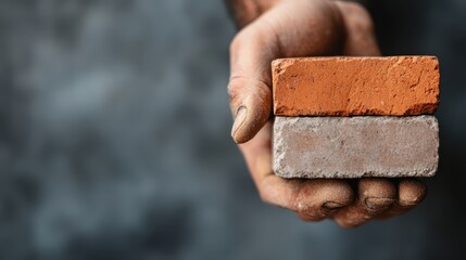 A close-up of a person’s hands holding two bricks, clearly displaying the materials used in construction, emphasizing craftsmanship and the tactile nature of construction work.