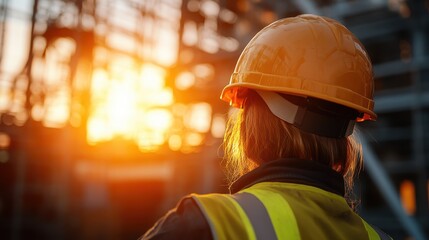 A construction worker with an orange hard hat and safety vest stands facing away from the camera at a construction site during sunset, illuminated by the warm glow of the setting sun.