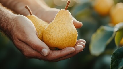 Two ripe pears resting in cupped hands, bathed in gentle sunlight within an orchard. The image highlights the freshness of the fruit and the bountiful harvest season.