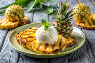 Grilled pineapple dessert with ice cream on white plate