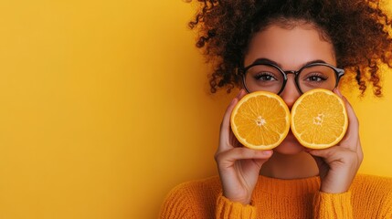 A vibrant and cheerful image of a person holding two orange halves against a bright yellow background, symbolizing freshness, positivity, and the essence of citrus fruits.