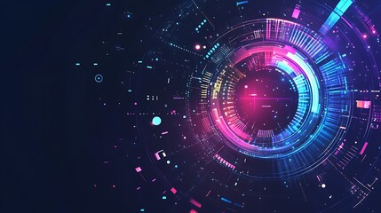 Poster - Abstract futuristic digital technology background with glowing neon circles and lines.