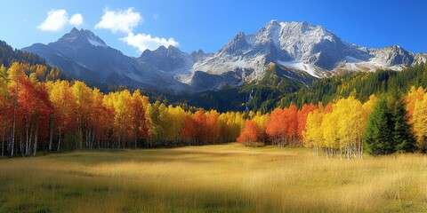 Wall Mural - A stunning view of a mountain range with a forest of colorful trees in the foreground.