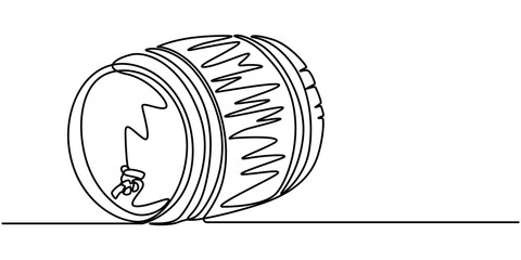 continuous single drawn line art doodle wooden oak beer barrel, alcohol beverage wooden barrel faucet  line art, Old cask one line continuous drawing. Wooden barrel continuous one line illustration.