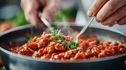 A chef adds a finishing touch of fresh parsley to a skillet of cooked tomatoes in sauce, illustrating the art of culinary presentation and food garnishing.