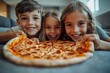 © Visual Prospects - Parents, children and pizza or moving boxes in new home for unpacking break, fast food or bonding. Mother, father and siblings eating of floor or real, Generative AI