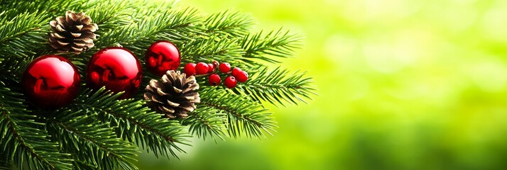 Sticker - Red ornaments and pine cones adorn a festive evergreen branch.