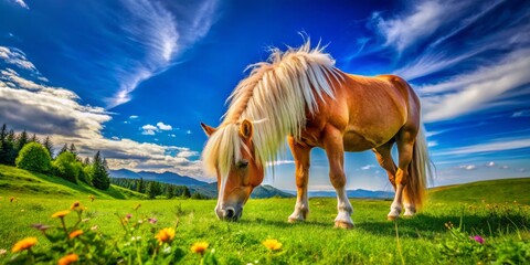 In a sunlit glade, a lovely pony munches on fresh grass, surrounded by a flourishing green meadow and