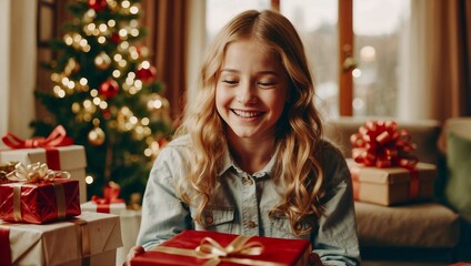 Wall Mural - Happy little girl opening a gift box in front of the Christmas tree