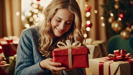 Wall Mural - Beautiful young woman opening a gift box in front of Christmas tree