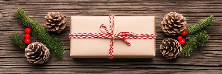 Poster - A wrapped gift with a red and white ribbon surrounded by pine cones and sprigs.