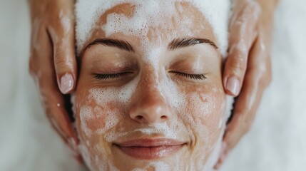 A close-up of a woman with her face covered in foamy bubbles during a spa treatment, encapsulating relaxation and skincare in a plush setting.