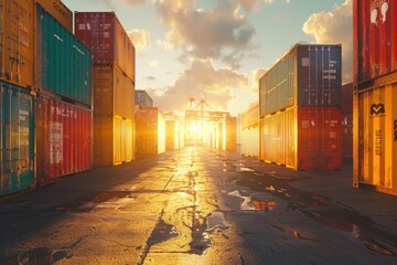 A row of shipping containers at sunset, with the sun's rays casting long shadows