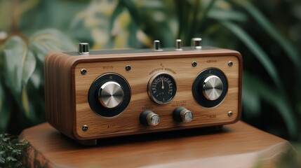 Vintage wooden radio with silver knobs and dial on a wooden table with a green blurred background.