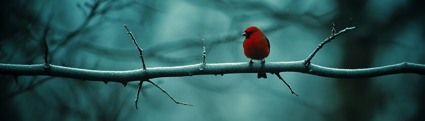 A small red bird perches on a branch in a wintery forest.