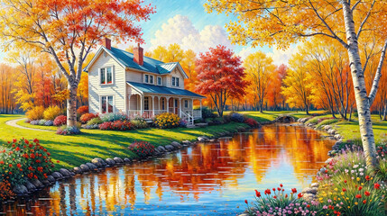 Oil painting on canvas summer landscape with wooden old house near river, beautiful flowers and trees.